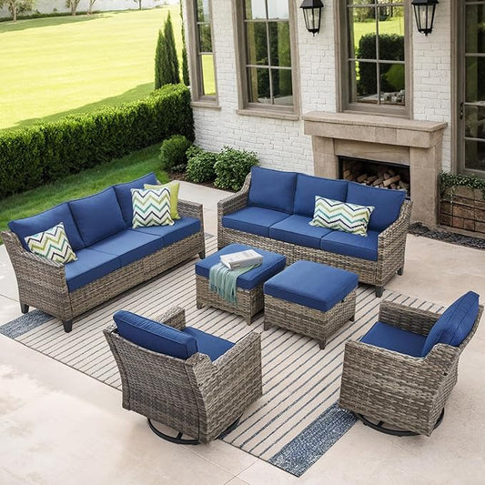 Patio Furniture Set, 6 Pieces Outdoor Wicker Rattan Sofa Couch with Swivel Rocking Chair, Ottomans and Comfy Cushions, All Weather Patio Conversation Sets, Suit for Porch Deck Garden