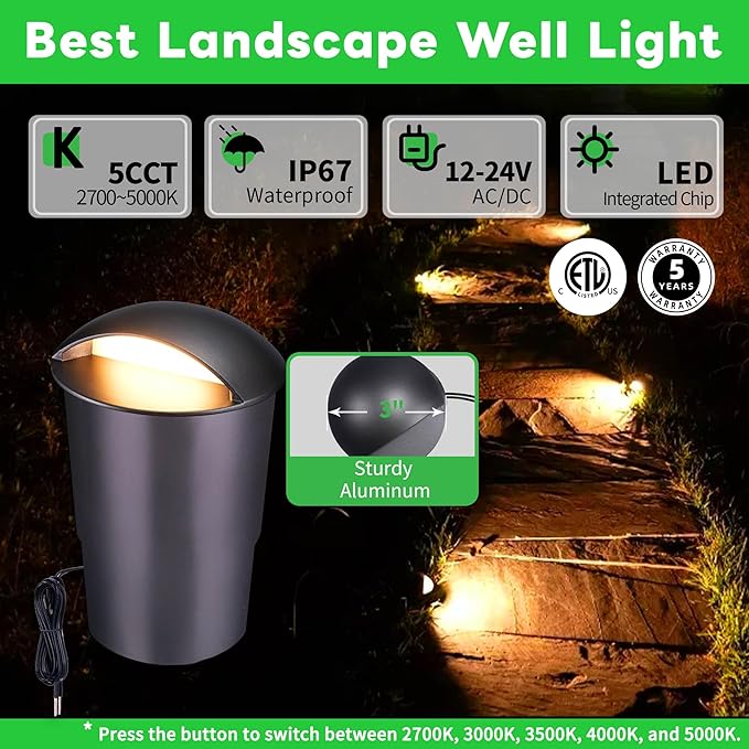 Low Voltage Inground Landscape Lights - Outdoor Soft White & Bright White 5 Selectable Colors Turret Top Well Light, LED in-Grade Fixture, ORB Aluminum for Path Yard Floor 3W 170LM 10 Pack