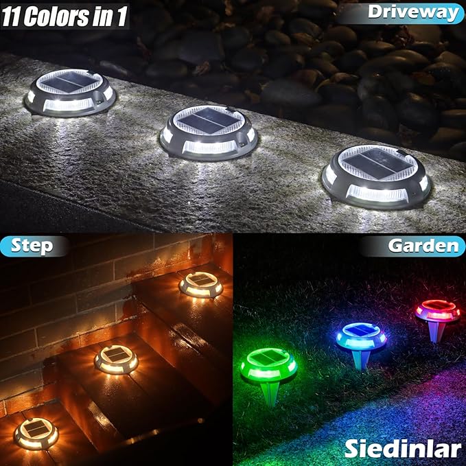 SIEDiNLAR Solar Driveway Lights Outdoor 16 LEDs 9 Modes, Dock Markers Deck Lights Waterproof Warning for Pathway Driveway Walkway Ground Step Yard Garden, RGB (1 Pack)