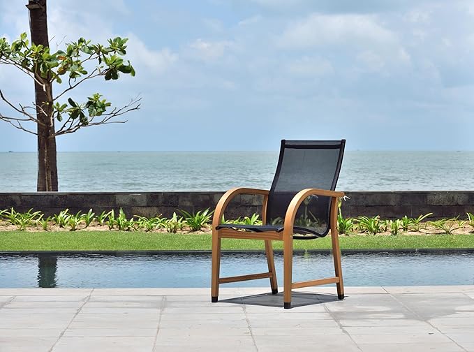 Amazonia Bahamas Armchairs| Black and Quick dry Sling Chairs | Teak Finish | Durable and Ideal for Indoors and Outdoors (Set of 4), Round 5-Piece