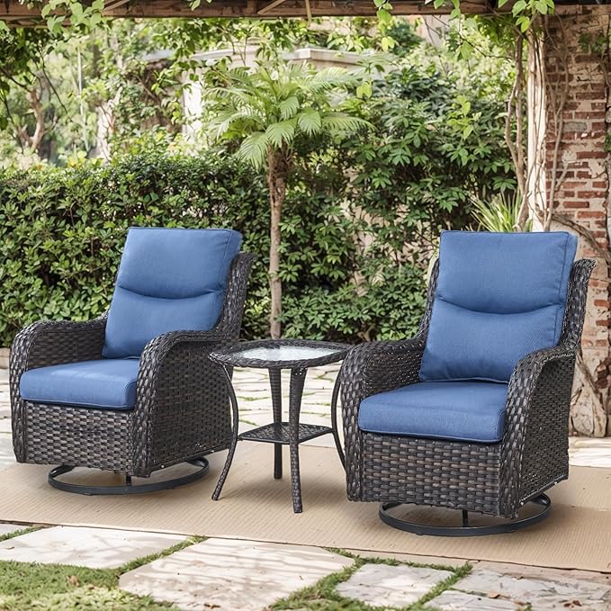 Patio Conversation Set with Smile-Shaped Cushions, Luxury Outdoor Swivel Chairs with Side Table and Ottomans, 5PCS PE Rattan Swivel Glider Chairs Set, Brown Wicker|Blue Cushions