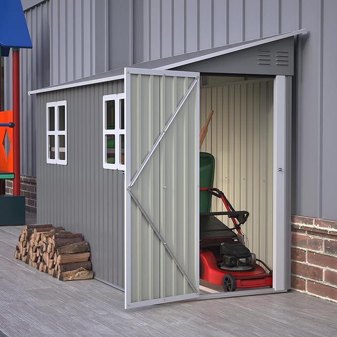 4X8 FT Outdoor Storage Shed W/ 2 Windows & Floor Frame,Lean to Shed W/Reversible Installation,Metal Garden Tool House W/Air Vents,Lockable Door & Sloped Roof,for Backyard Patio Lawn,Gray