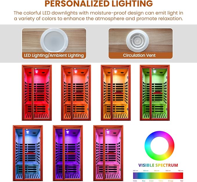Sauna, Far Infrared Saunas for Home Room 1550W/110V Indoor Sauna for Single Person Okoume Wood Sauna Spacious 1 - 2 Person Low EMF Dry Sauna with Speakers/Air Hole and Color Lighting 39.4*35.4*74.8 IN