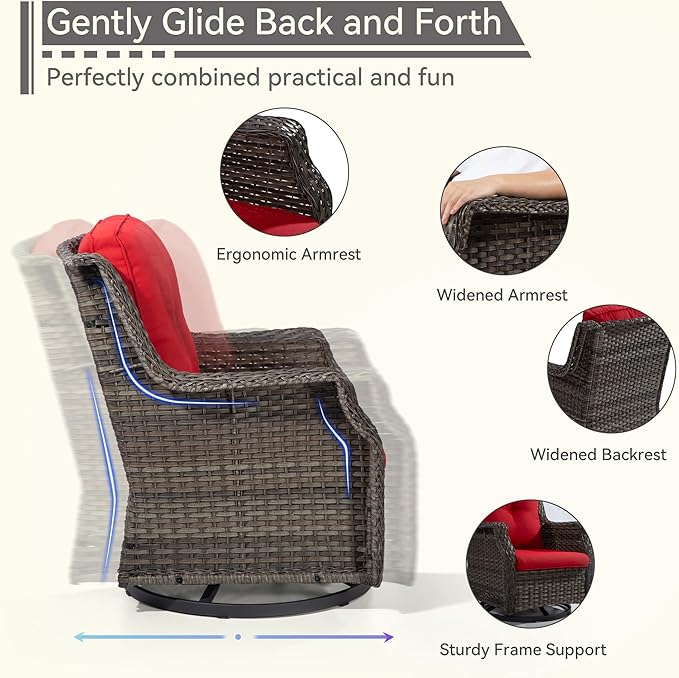 4 Piece Patio Furniture Set, 2 Swivel Glider Chairs and 2 Ottomans PE Wicker Footstool, Outdoors Rattan Conversation Set with Deep Seating and Olefin Cushions, for Backyard, Garden, Red
