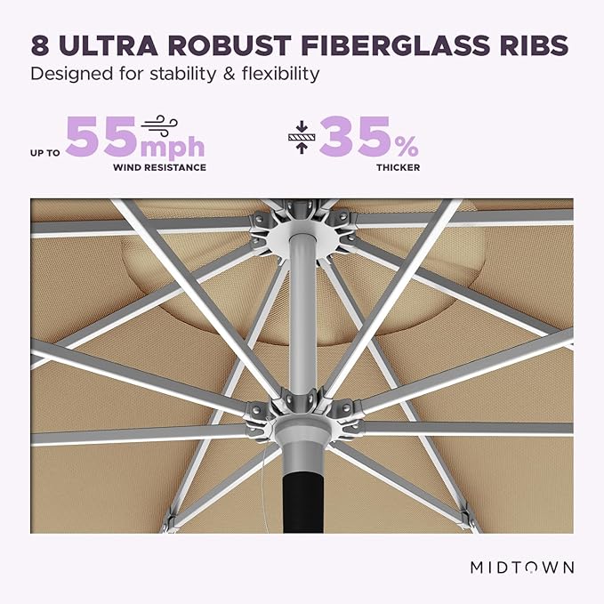Midtown Umbrellas Push Pop Sunbrella Umbrella 9 Feet Outdoor Umbrella in Heather Tan Acrylic - Patio Umbrella, Backyard Umbrella, Garden Umbrella, Picnic Table Umbrella & Pool Umbrella - Black Pole