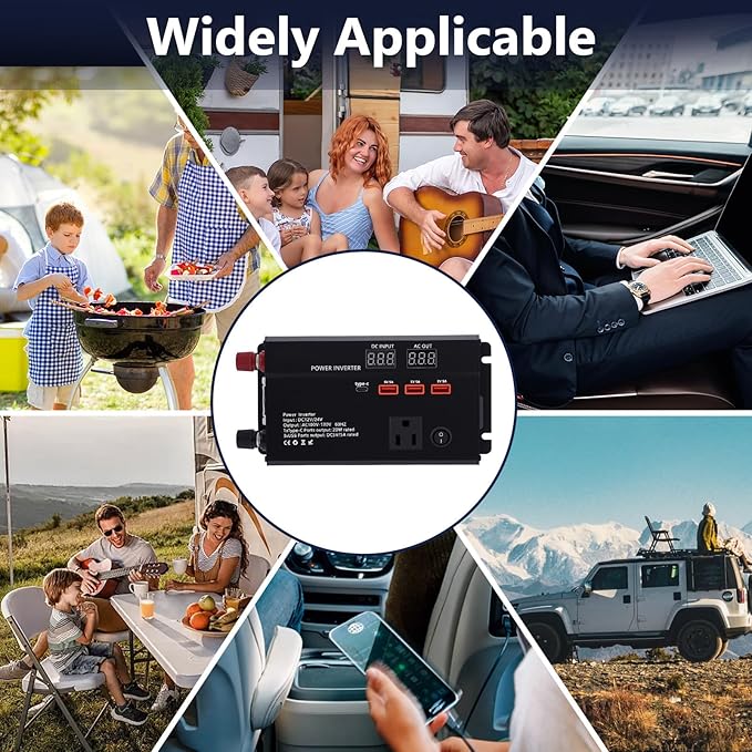 600W Car Power Inverter, 12V/24V Car Plug Adapter Outlet Converter with 1 Type C Port, 3 USB Ports, Dual AC Outlets for Cars Trucks US Plug (Black)