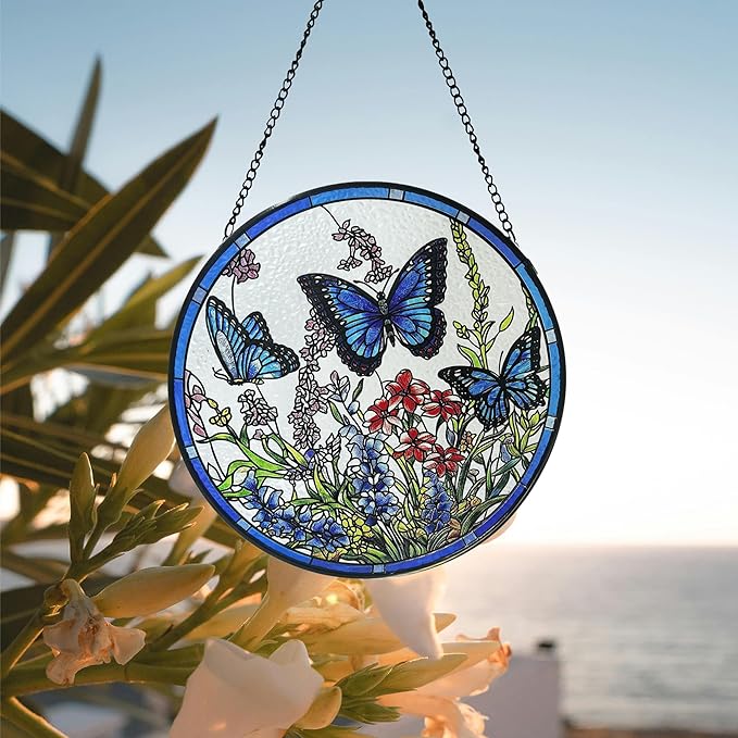 Lager Butterfly Suncatchers for Windows, Butterfly Stained Glass Window Hanging, 9.8 inch