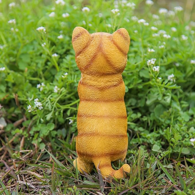 Solar Cat Garden Statue - Adorable Orange Tabby Figurine with Vintage Lantern for Outdoor Decor