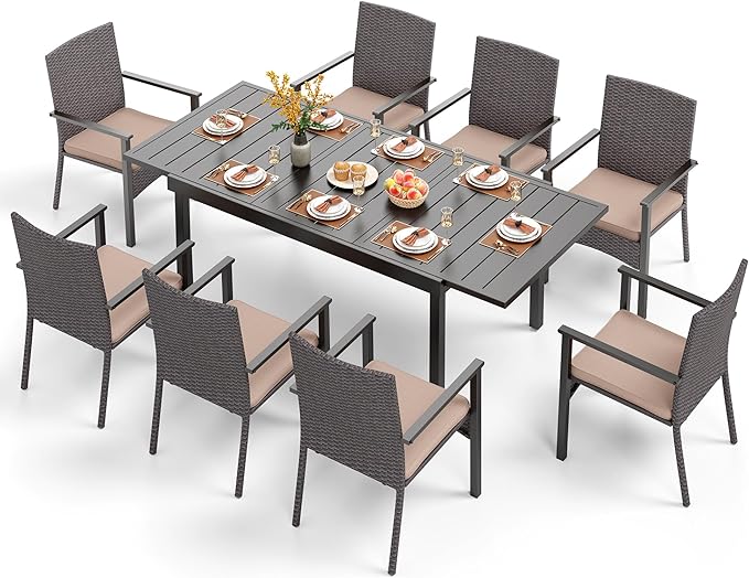 PHI VILLA 9 Piece Outdoor Dining Set for 8, Expandable Metal Dining Table & Cushioned Rattan Chairs for Patio, Deck, Yard