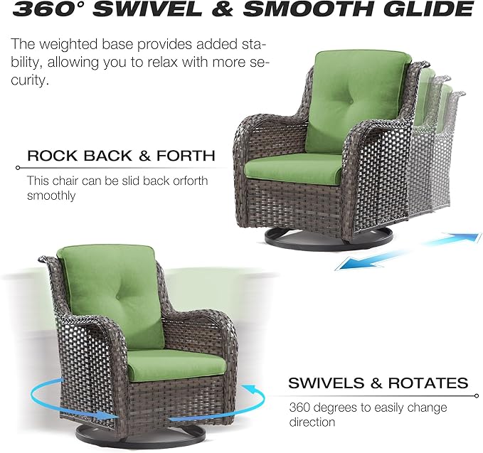 Joyside Outdoor Swivel Rocker Patio Chair - Outdoor Wicker Glider Rocking Chair with Olefin Fabric Cushions Suitable for Porch Deck and Backyard(Mixed Grey/Green)
