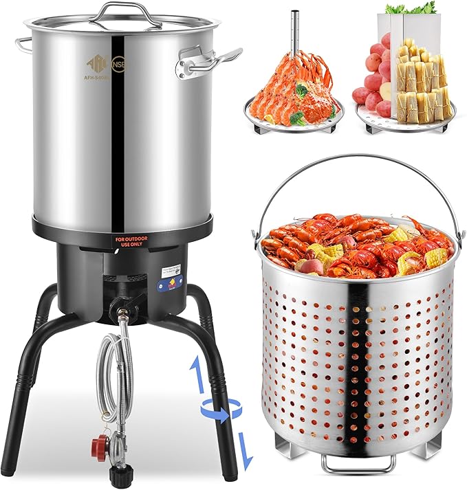 ARC 40QT Turkey Fryer Pot With Basket Kit, Stainless Steel Tamale Steamer Pot And Cast Iron Propane Burner 65,000BTU With Adjustable Legs, Crawfish Boil Seafood Boil Pot Propane Stove For Outdoor