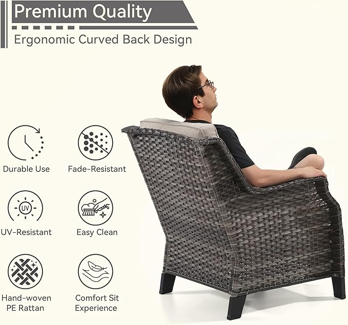 5 Piece Patio Furniture Wicker Conversation Set, 2 Chairs, 2 Ottomans with 1 Side Table, for Outdoors, Backyard, Deck, Beige