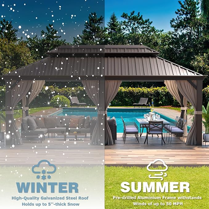 MELLCOM 12' x 20' Hardtop Gazebo,Galvanized Steel Metal Double Roof Aluminum Gazebos with Curtain and Netting,Brown Permanent Pavilion with Aluminum Frame for Patios,Gardens,Lawns