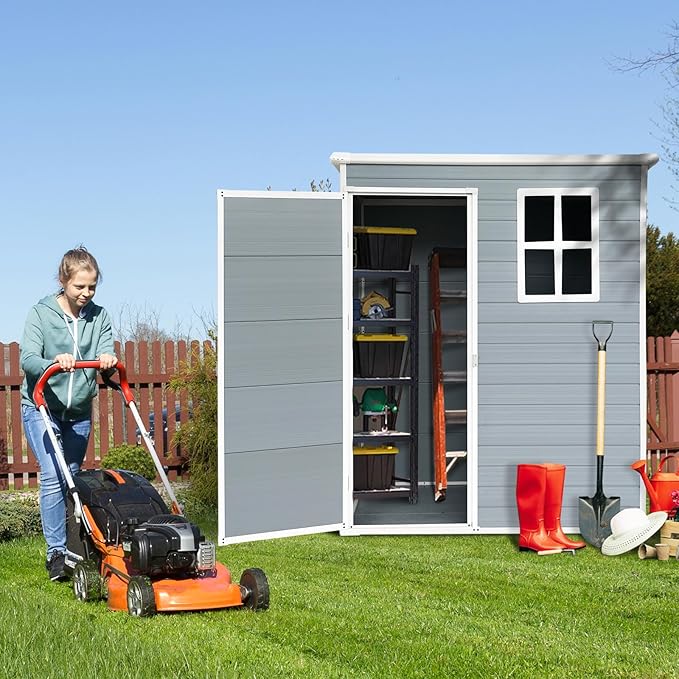 JT 5×3ft Resin Outdoor Storage Shed,Outdoor Storage Shed with Floor & Window to Store Patio Furniture, Garden Tools Bike Accessories, Beach Chairs and Lawn Mower. (Grey, 5ft*3ft)