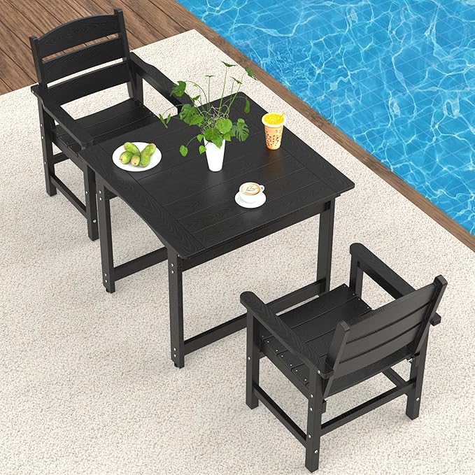 3-Piece HIPS Patio Dining Set, Outdoor Dining Table and Chairs Set with Umbrella Hole, Weatherproof Dining Table Set for 2 Person, Patio Furniture Set for Outside Deck, Black
