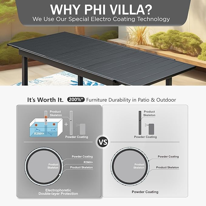 PHI VILLA 7 Piece Outdoor Patio Dining Set, Adjustable Folding Patio Chairs Reclining (Black) with Extendable Metal Steel Dining Table for Outdoor, Garden, Lawn