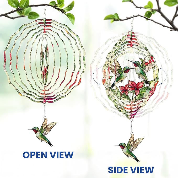FLAGWIX Christmas Hummingbird Gifts for Women - 3D Stainless Steel Metal Wind Spinners 12in - Hummingbird Wind Spinner Yard Decorations Outdoor Indoor Hanging Garden Decor, Christmas Decorations