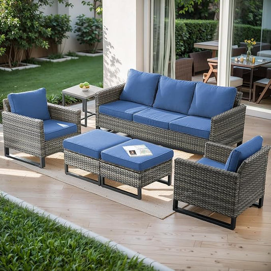 Rilyson Wicker Outdoor Patio Furniture Set - 6 Piece Patio Conversation Set with 2 Armrest Chairs,2 Rattan Ottoman,1 Couch and 1 Metal Side Table for Outside Porch Deck Backyard(Mixed Grey/Blue)