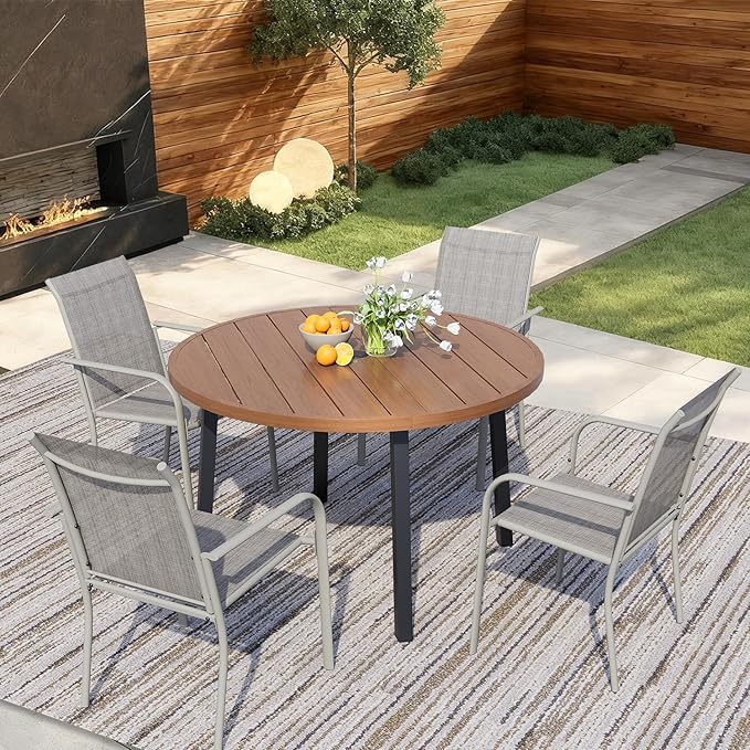 5 Pieces Round Dining Table Set for 4, Patio Dining Set Includes 4 Grey Stackable Patio Chairs and 1 Walnut Round Table, Patio Furniture Sets with Sling Support for Outside, Garden