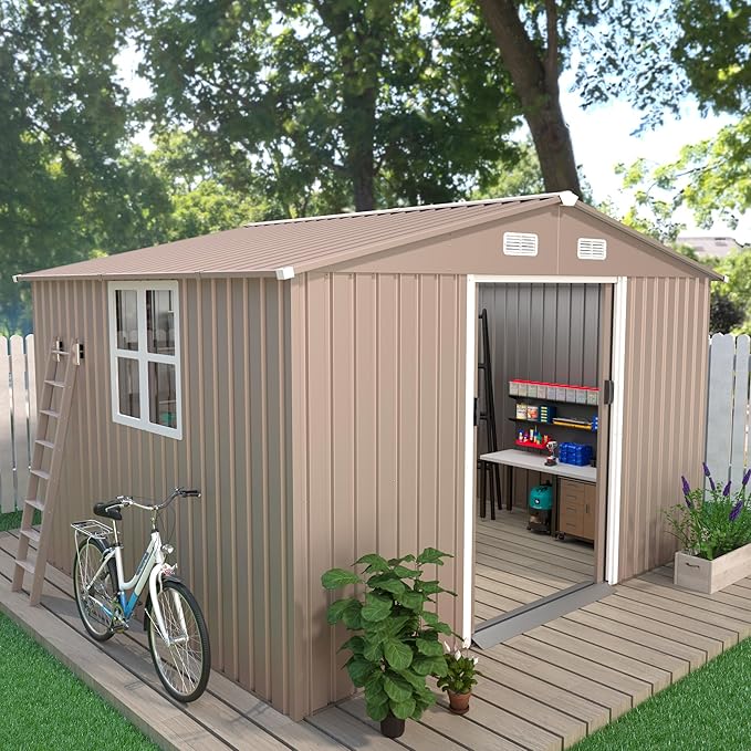 10×8FT Outdoor Storage Shed with Window,Large Metal Tool Shed with Lockable Door and Rainproof Sloped Roof, Garden Shed for Backyard, Patio, Brown