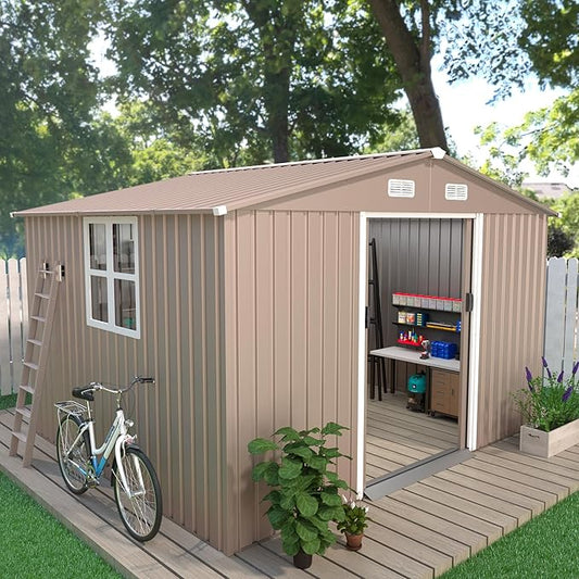 10×8FT Outdoor Storage Shed with Window,Large Metal Tool Shed with Lockable Door and Rainproof Sloped Roof, Garden Shed for Backyard, Patio, Brown
