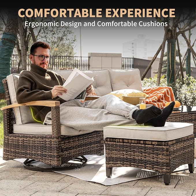 MEISSALIVVE 9 Pieces Outdoor Patio Furniture Sets,PE Wicker Patio Conversation Sets with 4 Wood Armrests Swivel Rocker Chairs，2 Ottoman and Coffee Table(Brown)