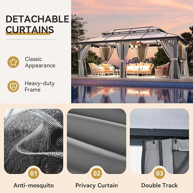 Aoxun 12'x20' Hardtop Gazebo, Aluminum Frame Permanent Pavilion with Curtains and Netting, Outdoor Polycarbonate Double Roof Canopy, Designed for Patio, Garden, Lawns (Gray)