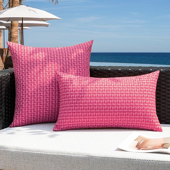 Kevin Textile Outdoor Waterproof Throw Pillow Covers Pack of 2 Valentines Day Weaving Texture Water Resistant Decorative Cushion Covers for Garden Patio Tent Balcony Bench Couch 18x18 Inch, Hot Pink