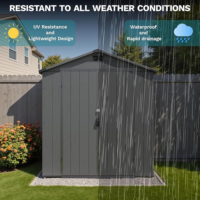 Devoko 6x10 FT Plastic Outdoor Storage Shed - Lockable Resin Tool Shed with Window & Floor - Easy Assembly for Garden, Backyard, Deep Gray