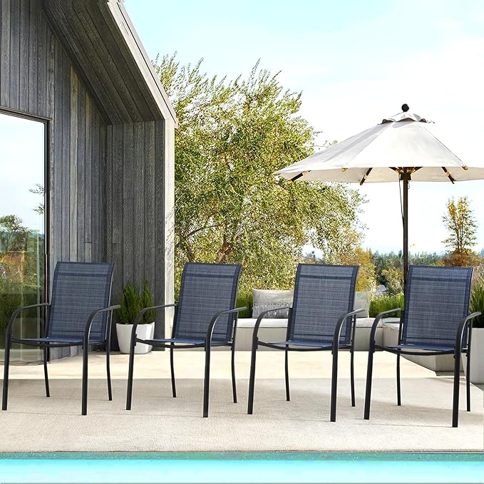 Patio Chairs Set of 4, Outdoor Dining Chairs with Breathable Textilene Fabric, Stackable Patio Chairs for Lawn, Garden, Backyard, Poolside, Dark Blue