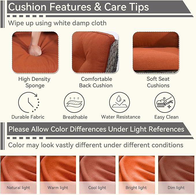 5 Pieces Outdoor Patio Furniture Set - Conversation Set Includes Wicker Swivel Rocker Chairs Set of 2, 2 Ottoman, 3-Seat Sofa, Suitable for Porch, Yard, Mixed Brown Rattan, Orange