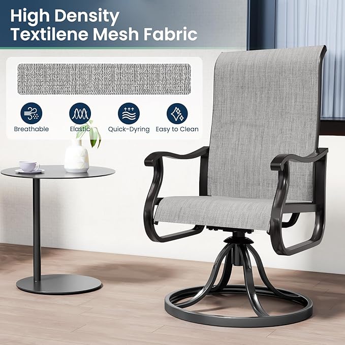 Amopatio Patio Swivel Chairs Set of 8, Outdoor Swivel Rocker Dining Chairs with All Weather Textilene High Back & Metal Frame, for Backyard Deck Lawn, Light Gray