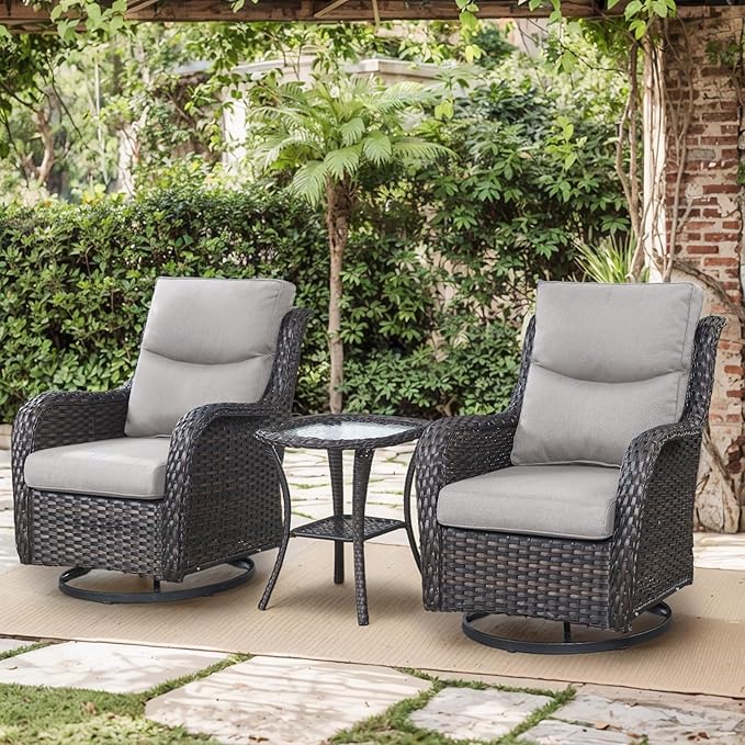 Patio Conversation Set with Smile-Shaped Cushions, Luxury Outdoor Swivel Chairs with Side Table and Ottomans, 5PCS PE Rattan Swivel Glider Chairs Set, Brown Wicker|Beige Cushions