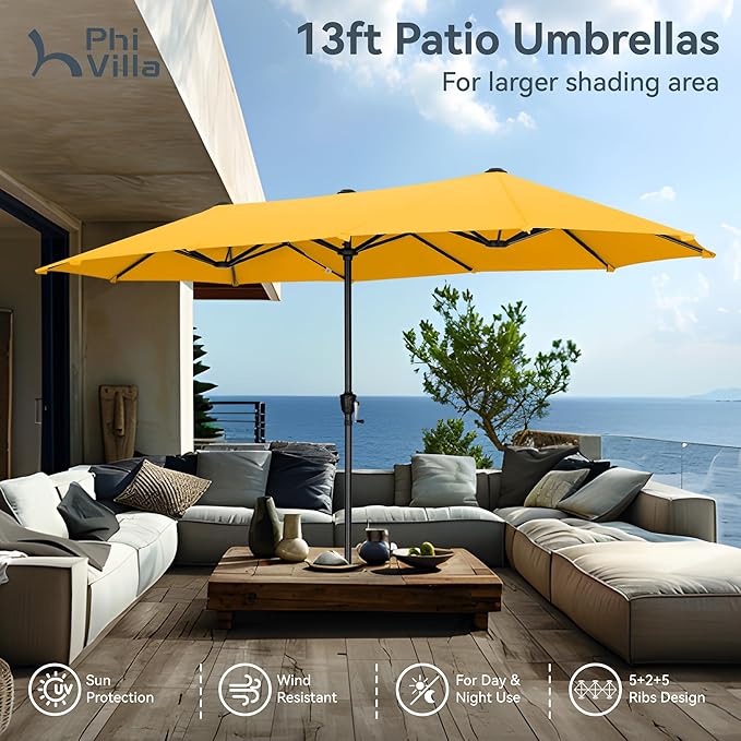 PHI VILLA 13ft Large Patio Umbrellas, Double-Sided Outdoor Market Rectangle Umbrella for Outside, Golden Yellow