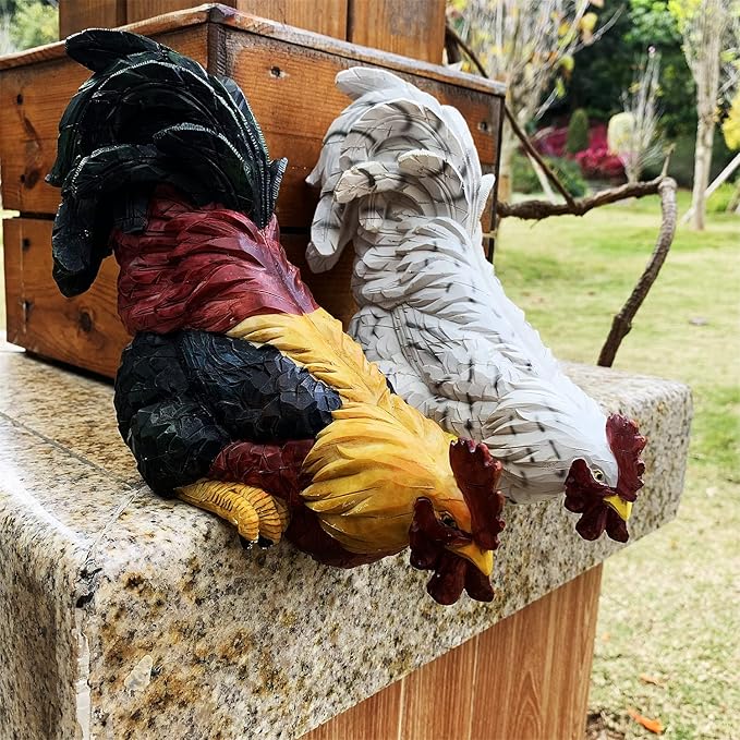 Garden Statues Cock Art Decoration Rooster Figurine for Yard, Chicken Sculpture Ornaments (Red)