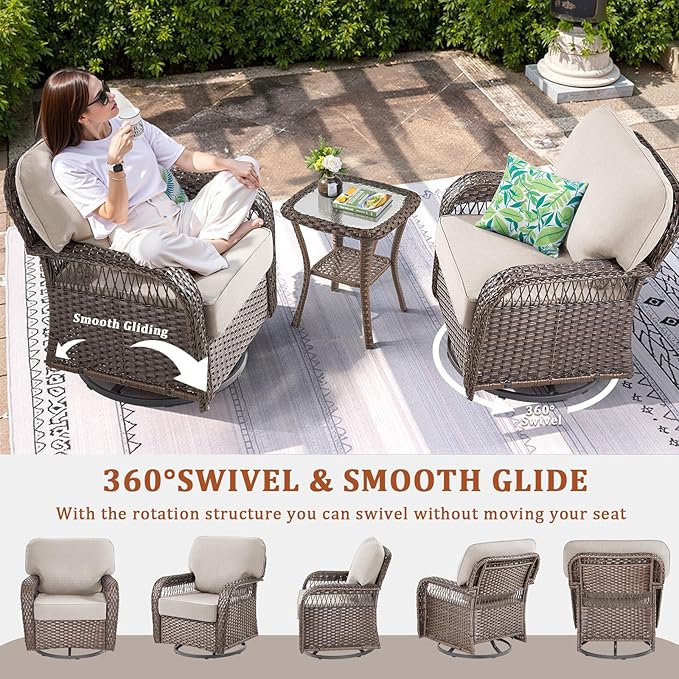 Patio Furniture Sets, 4 Pieces Wicker Outdoor Furniture with Patio Sidetables - 360 Degree Swivel Rocking Chairs and Rattan Side Table for Garden, Porch, Backyard, Beige/Brown Wicker