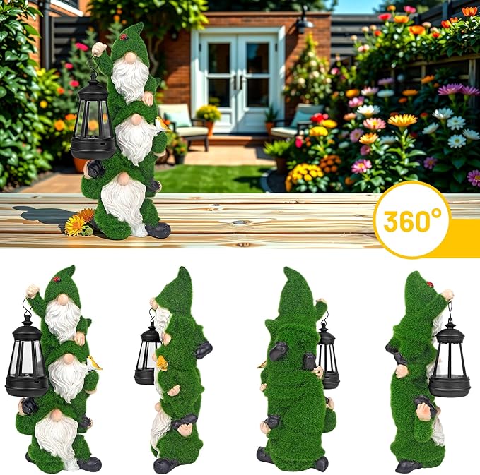 Solar Gnomes Garden Statues,Resin Flocked Gnome Figurine Holding Solar Lights Lantern,Unique Birthday Housewarming Gifts for Women, Mom, Grandma