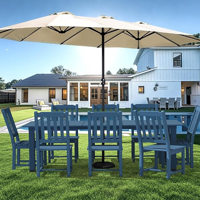 LOUNZY 9 Pieces Patio Dining Sets, Outdoor HDPE Furniture Set for 8 w/ 2" Hole Cut-Out Dining Table with 8 Patio Chairs(2 W/Armrest, 6 w/o Armrest), Navy