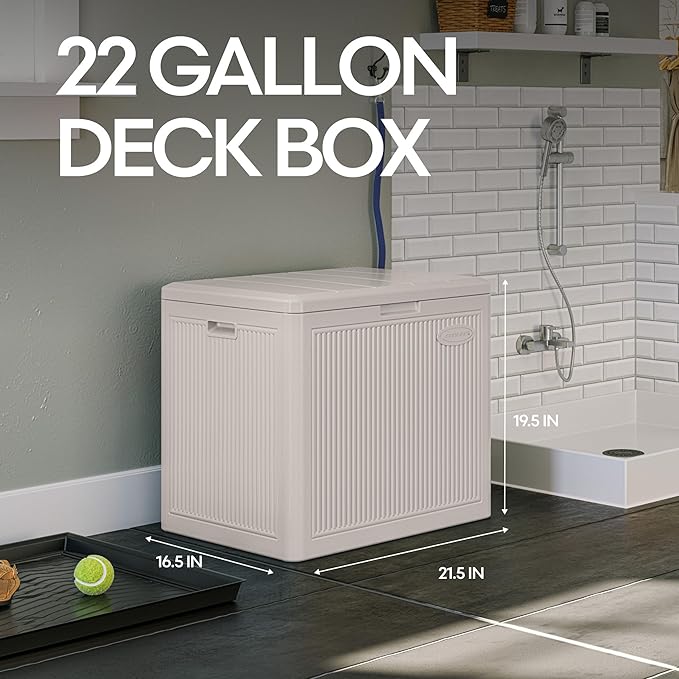 Suncast 22-Gal. Waterproof Resin Small Outdoor Patio Deck Box with Reeded Design, Modern Outdoor Patio Bench/Storage Box for Cushions, Garden Tools, and More, French Gray