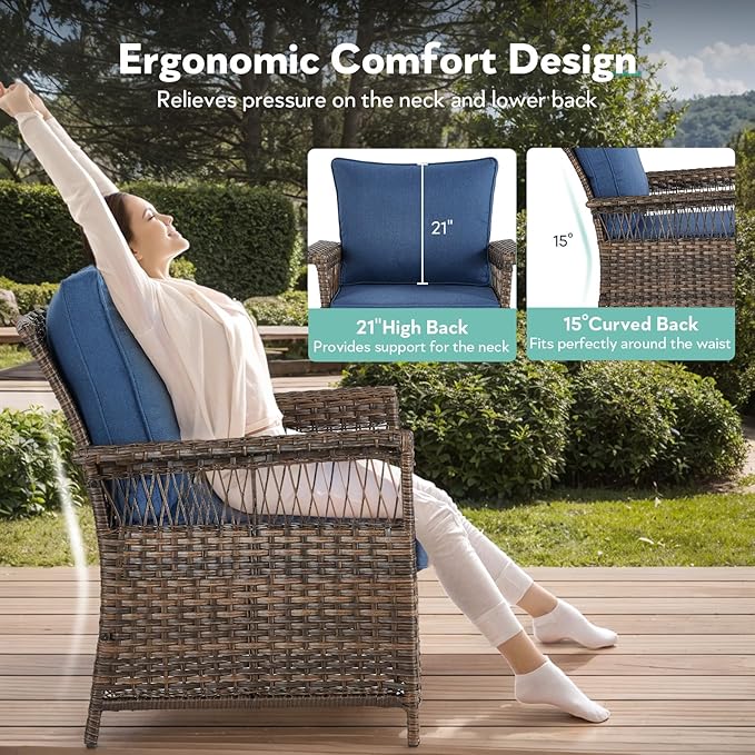 6 Pieces Wicker Patio Furniture Set - Hollow Widen Armrests 3 Seat Outdoor Sofa & Comfy Chairs with Side Table & Ottomans, Small Patio Convention Set for Deck and Backyard - Brown/Blue