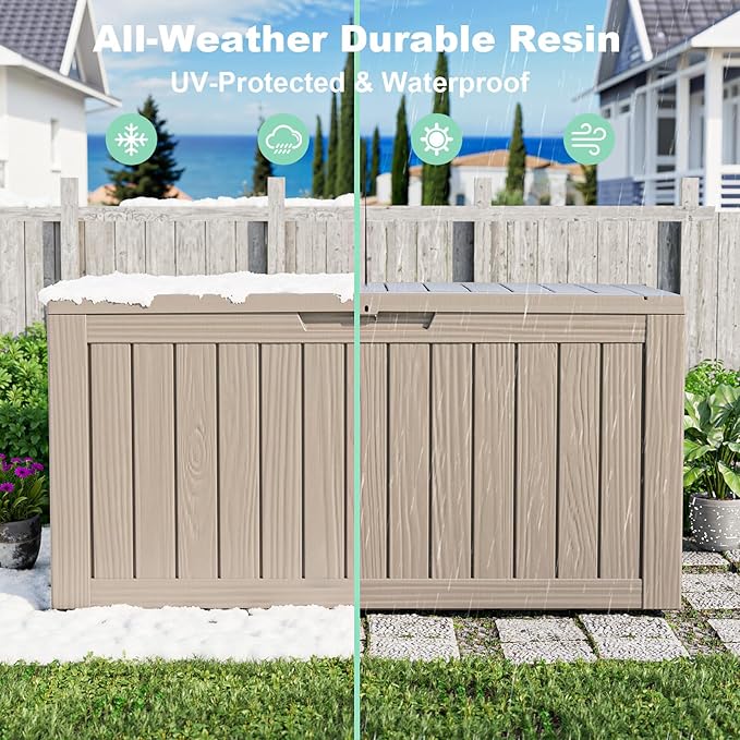 Vixzen 90 Gallon Resin Deck Box, Lockable Outdoor Storage Box for Patio Cushions Storage Furniture,Garden Tools, Pool Supplies, Weatherproof and UV Resistant-Grey