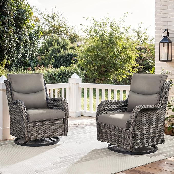 Patio Swivel Chair Set of 2, Resin Wicker Swivel Patio Glider Chairs with Smile-Shaped Cushions, High Back Luxury Swivel Patio Glider Chairs for Outdoor, Brown Wicker|Grey Cushions