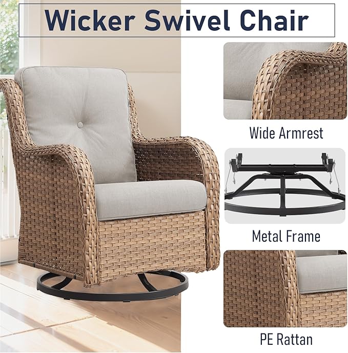 Swivel Patio Conversation Sets ：5 Piece Outdoor Patio Furniture with Swivel Chairs Wicker Furniture Set with Loveseat and Ottoman