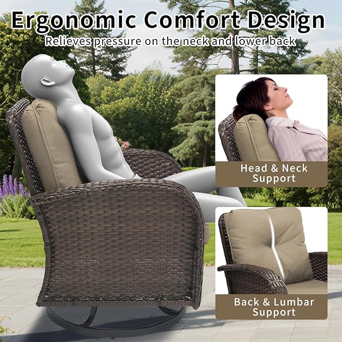 3 Pieces Patio Furniture Set, Outdoor Swivel Rocking Chair Set of 2 with Side Table - 360° Swivel, Thick Cushions, All-Weather Bistro Set for Deck, Porch, Pool(Brown, Brown Full-Weave Rattan)