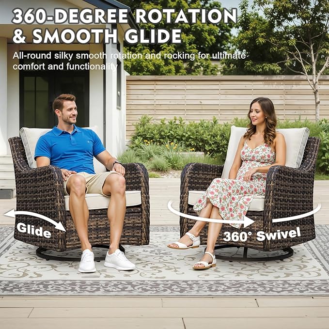 MEISSALIVVE Outdoor Patio Furniture Set with 43" Fire Pit Table, 9 Pieces Wicker Patio Conversation Set with Swivel Chairs, Outdoor Patio Set for Lawn Backyard Porch (Brown)