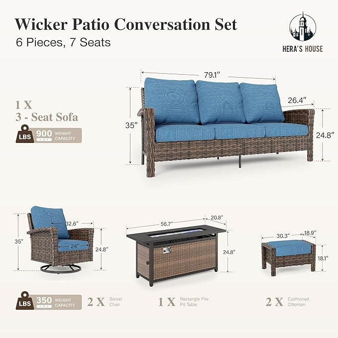HERA'S HOUSE Wicker Patio Furniture Set, High Back Swivel Chairs with 5.5-Inch Thick Cushions, 6-Piece Outdoor Deep Seating Conversation Sets with Fire Pit Table & Ottomans for Deck Yard Garden, Blue