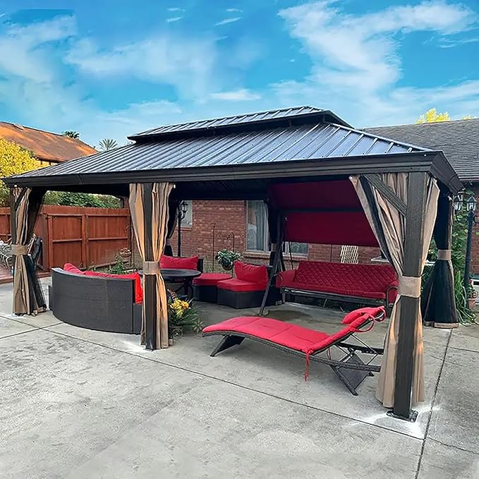 12' x 18' Hardtop Gazebo, Domi Outdoor Aluminum Metal Gazebo with Curtains and Netting, Galvanized Steel Double Canopy for Patios, Deck, Backyard