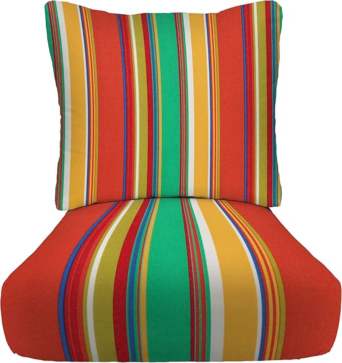 RSH DECOR Deep Seating Cushion with Pillow Back | 22” x 25” x 5" Seat | Water and Fade-Resistant Spun Fabric | Made in USA | Outdoor Chair Cushion Set for Patio Furniture (Bright Colorful Stripe)