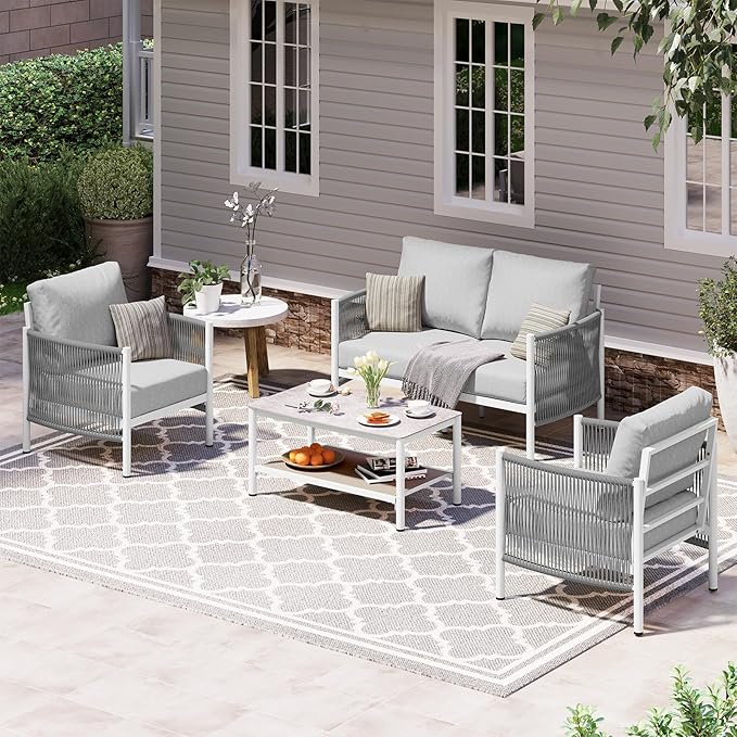 Aluminum Outdoor Patio Furniture Set, HDPE Rope 4 Piece Modern Sectional Conversation Sets with Dual-Layer Coffee Table, All Weather Patio Couch Sofa with Thick Cushions, White Frame, White