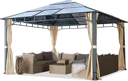 TOOLPORT Hardtop Gazebo 13x13 ft with Aluminum Frame and Approx. 8 mm Polycarbonate Roof - Side Panels in Champagne